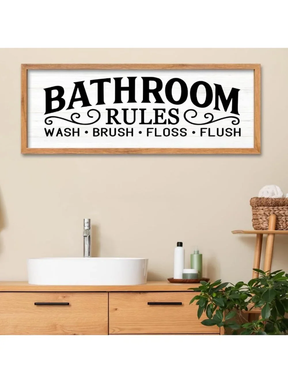 Funny Bathroom Rules Wall Art - Wooden Quote Sign for Home, Farmhouse, Restroom
